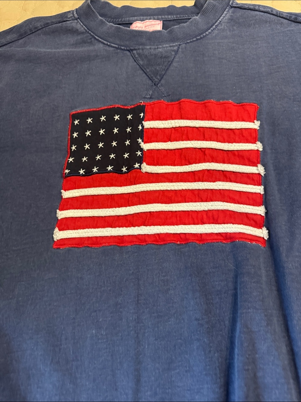Simply Southern Blue Crewneck Sweatshirt with Red White Flag Patch - Picture 3 of 8